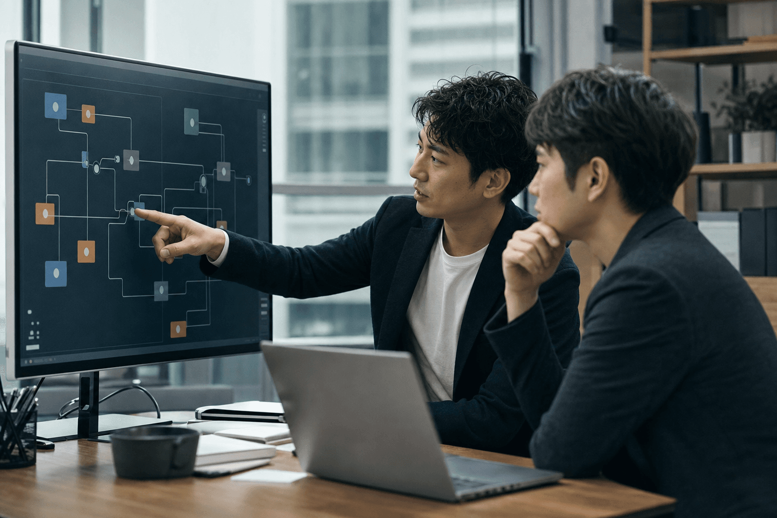 自動化ワークフローの画面を指しながら検討するITコンサルタント