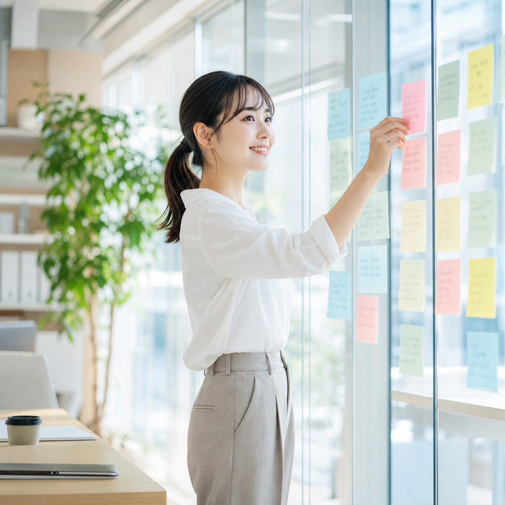 ガラスボードに付箋を貼りながら打ち合わせの論点を整理する担当者