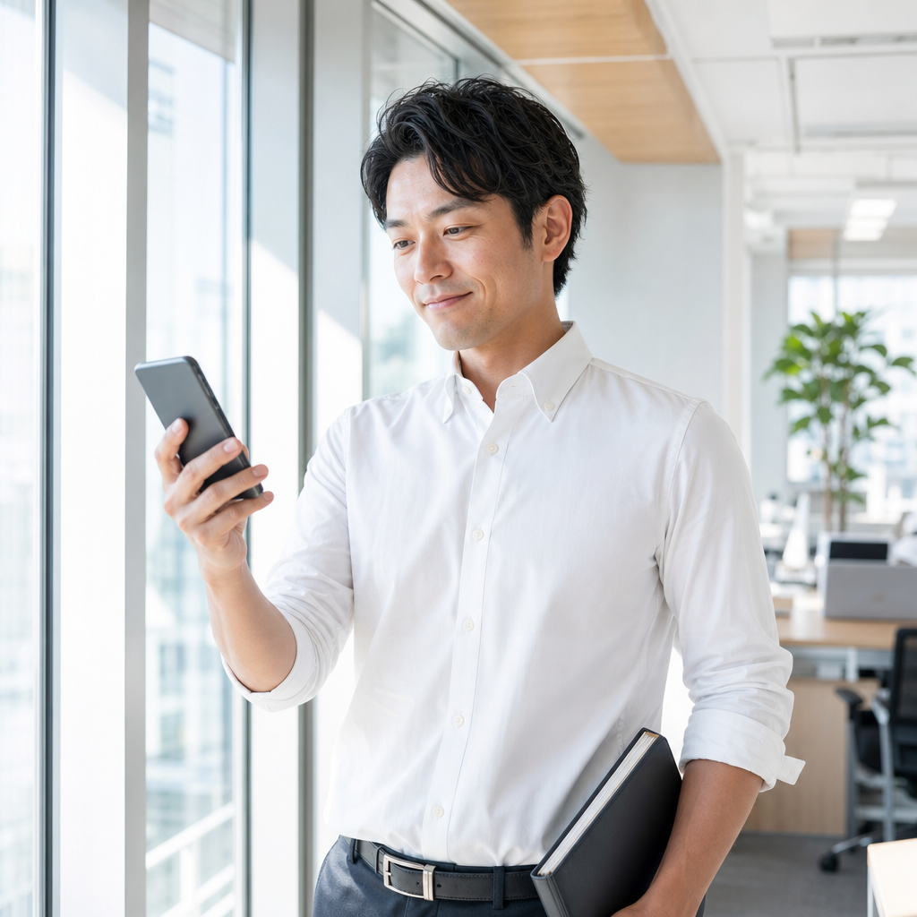 スマートフォンで返信案を確認する担当者