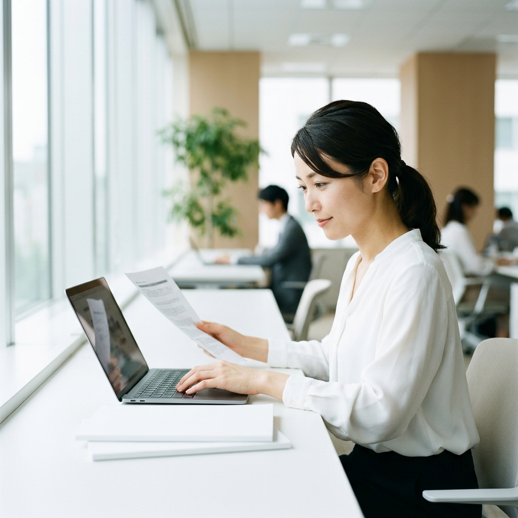 資料の下書きを確認しながらPCで報告書を仕上げる担当者